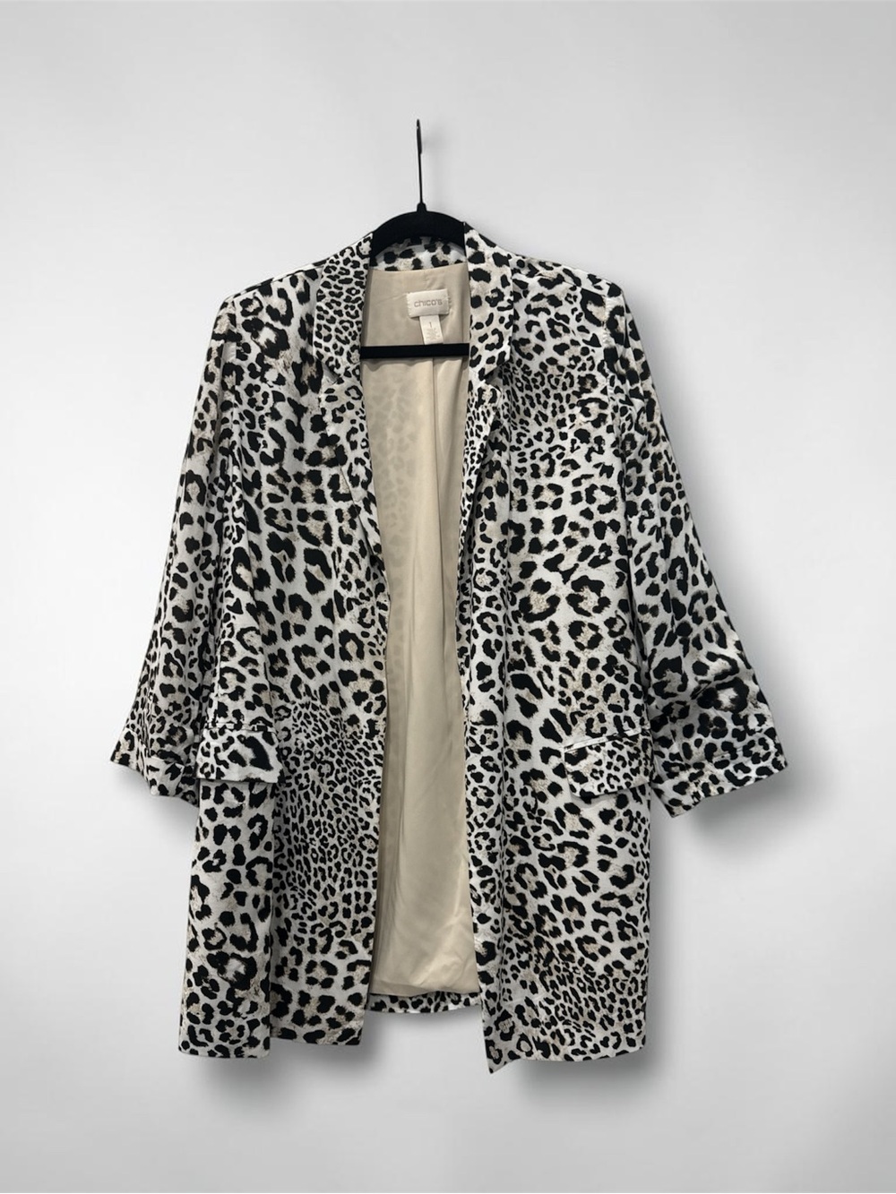 CHICO' Cheater Animal Print 100% Rayon Long Blazer Jacket Size 2/L